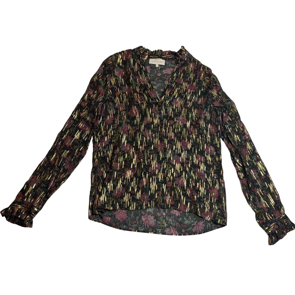 Caballero Blouse Women Black Gold Excellent Floral Metallic V-Neck XS